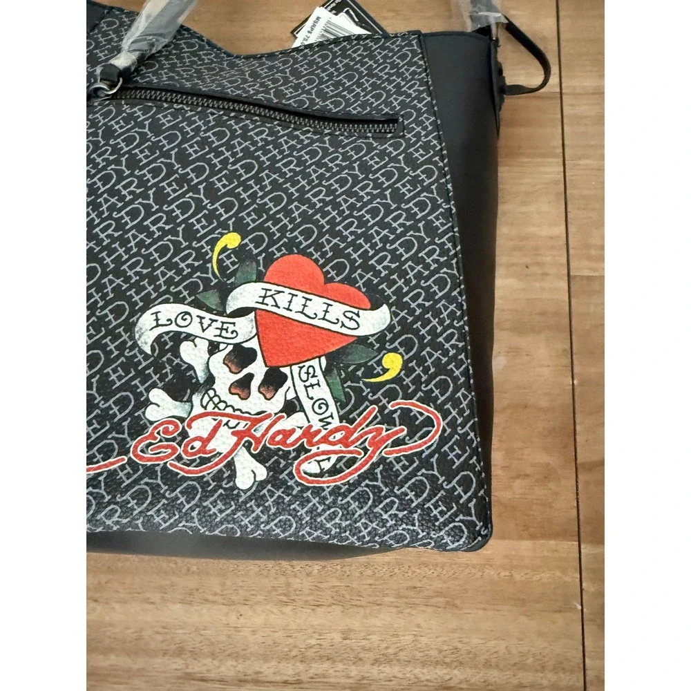 Ed Hardy Love Kills Slowly Crossbody Bag Black Grey Rhinestone Studded NWT